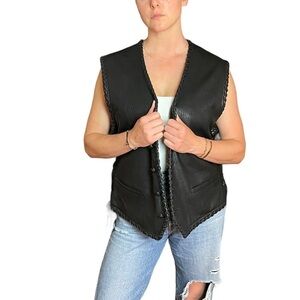 DKNY HEAVY LEATHER BRAID TRIM SLEEVELESS BUTTON DOWN CORSET SIDE BLACK VEST